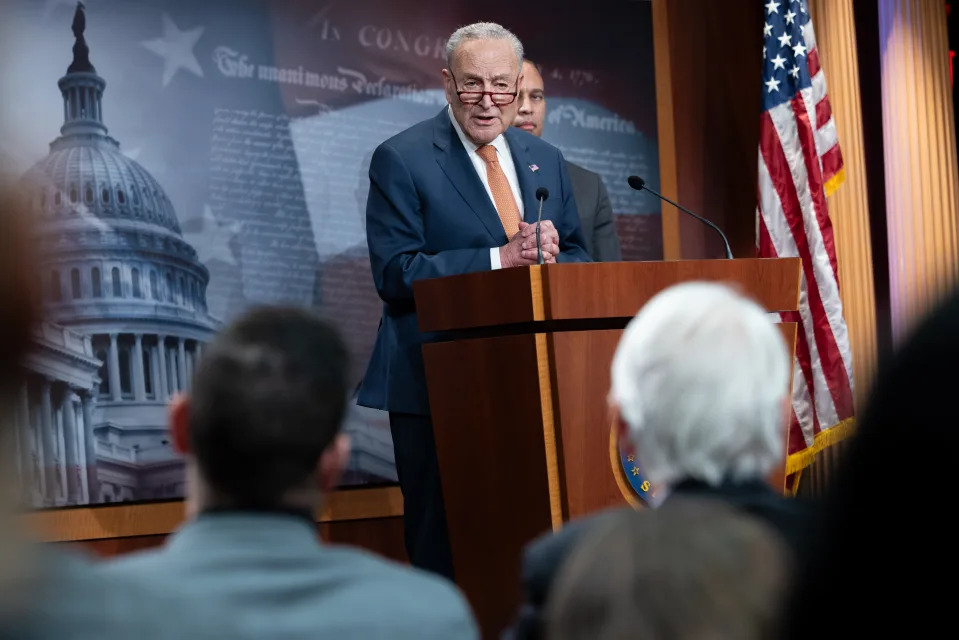 WASHINGTON, DC - FEBRUARY 4: Senate Minority Leader Chuck Schumer (D-NY) speaks at a press conference with House Minority Leader Hakeem Jeffries (D-NY) on Democratic efforts to combat DOGE in Washington, DC on February 4, 2025. (Photo by Nathan Posner/Anadolu via Getty Images)