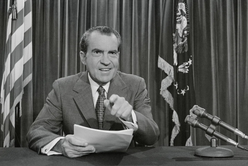 (Original Caption) President Nixon poses in his White House office after making public a three month old U.S. peace plan calling for simultaneous Vietnam troop withdrawals and prisoner release within six months and the resignation of President Thieu of South Vietnam in advance of a new election.