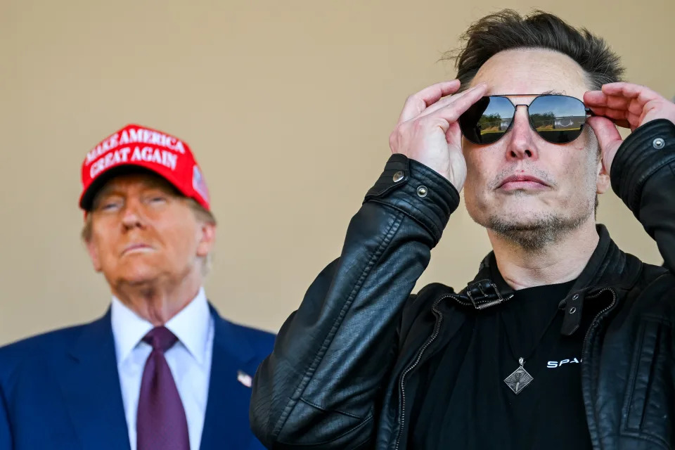 BROWNSVILLE, TEXAS - NOVEMBER 19: U.S. President-elect Donald Trump and Elon Musk watch the launch of the sixth test flight of the SpaceX Starship rocket on November 19, 2024 in Brownsville, Texas. SpaceX’s billionaire owner, Elon Musk, a Trump confidante, has been tapped to lead the new Department of Government Efficiency alongside former presidential candidate Vivek Ramaswamy. (Photo by Brandon Bell/Getty Images)