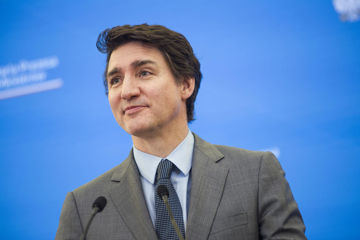 WARSAW, POLAND - 2025/01/28: Canada's Prime Minister Justin Trudeau speaks at a press conference with PM Donald Tusk (not in view) in Warsaw. The Canadian Prime Minister Justin Trudeau visited Poland and met with Donald Tusk - Poland's PM in Warsaw. The Prime Ministers talked about strong support and how to strengthen Ukraine in the war, security issues and trade exchange between Poland and Canada. The Prime Ministers also discussed Canada's participation in projects related to Poland's energy security and signed an agreement on nuclear energy cooperation. (Photo by Attila Husejnow/SOPA Images/LightRocket via Getty Images)