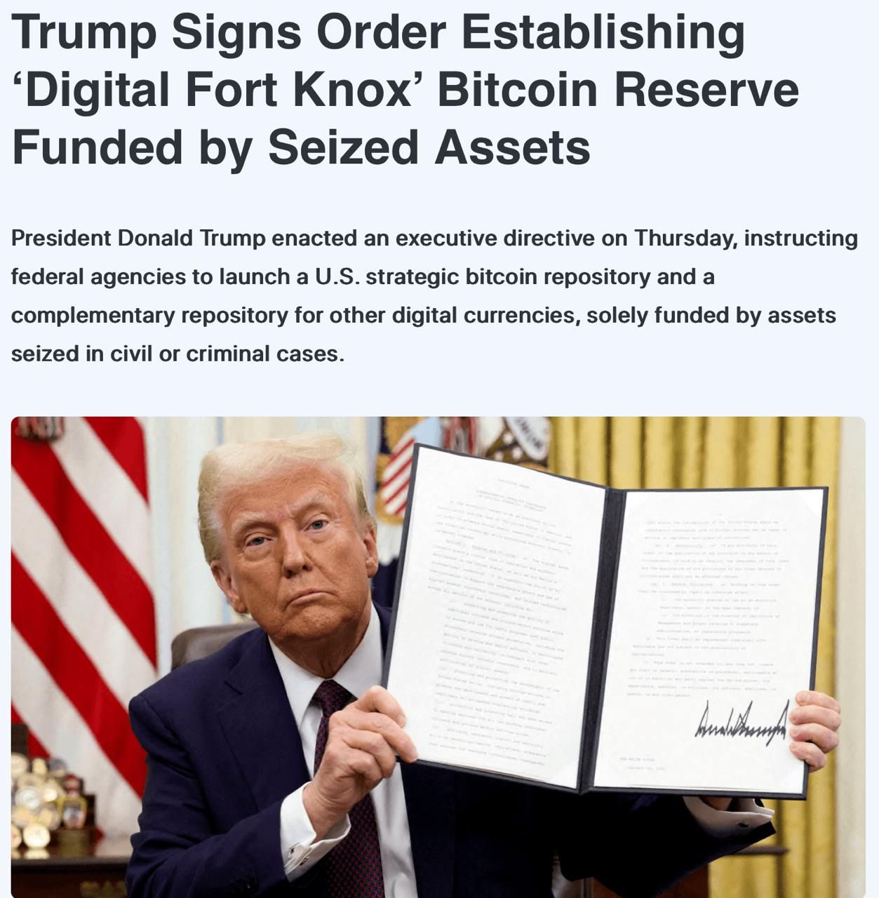 Trump signed an executive order to establish a strategic Bitcoin reserve in the United States. 1 wp 17414197177613682305104977365324